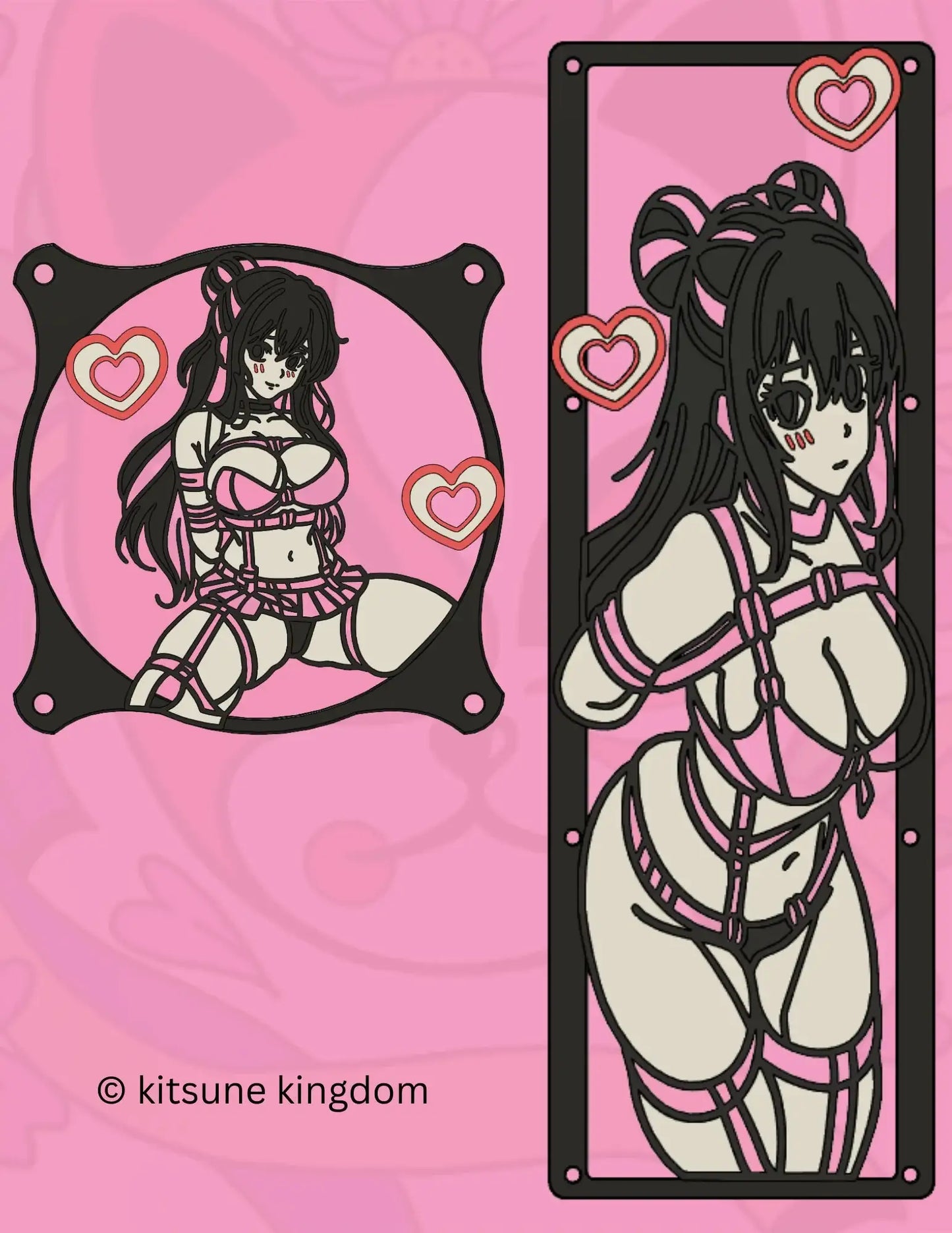 kawaii anime girls PC fan cover grill shroud. Custom gaming PC RGB 120mm 140mm 360mm 280mm. sakura cherry blossom heart star pink white black red