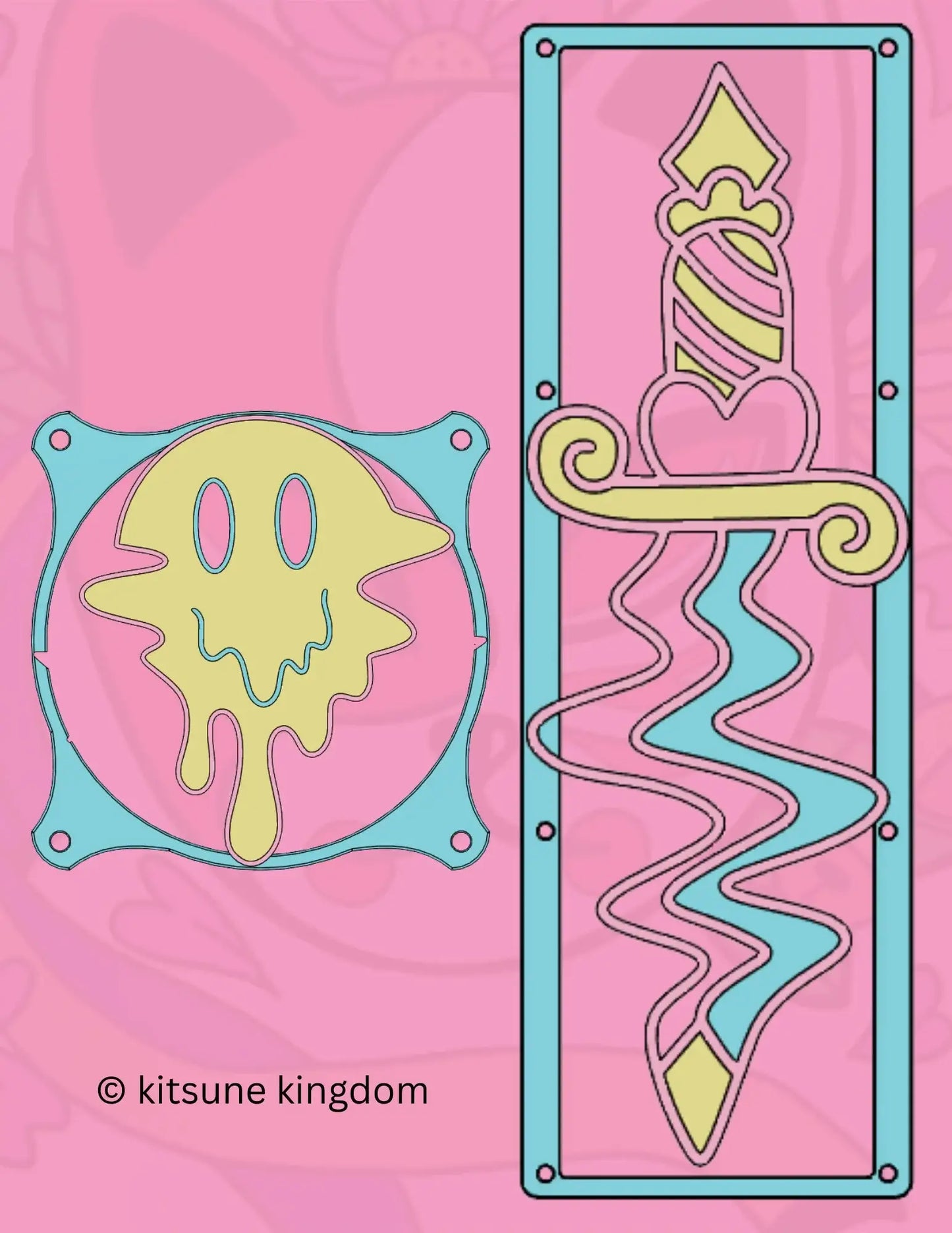 kawaii ribbon custom anime girls PC fan cover grill shroud. Custom gaming PC RGB 120mm 140mm 360mm 280mm. sakura cherry blossom heart star pink white black red. May include: A yellow and pink dagger with a blue wavy handle inside a blue frame on a pink background. The text '© kitsune kingdom' is at the bottom of the image.
