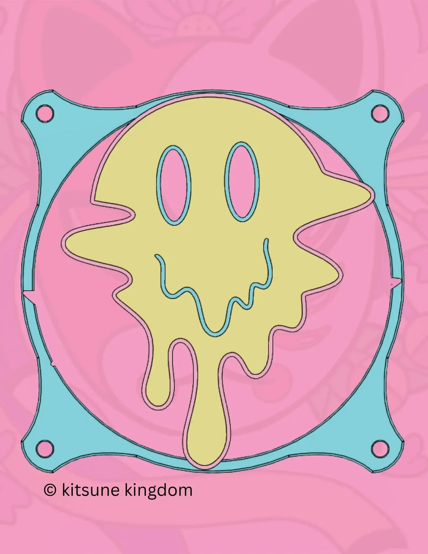 kawaii ribbon custom anime girls PC fan cover grill shroud. Custom gaming PC RGB 120mm 140mm 360mm 280mm. sakura cherry blossom heart star pink white black red. May include: A yellow smiley face with pink eyes and a blue mouth dripping down the sides. The smiley face is surrounded by a light blue frame with a hole in the top right and left corners. The background is pink with a floral pattern. The text '© kitsune kingdom' is at the bottom of the image.