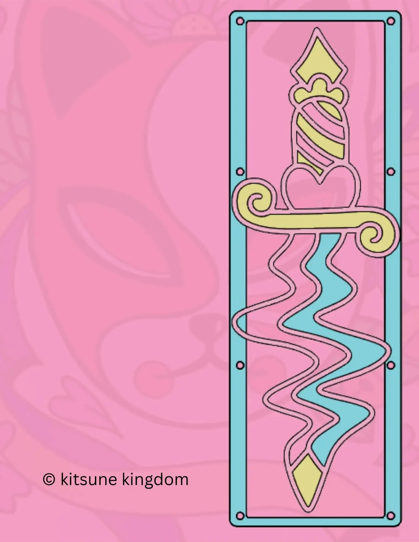 kawaii ribbon custom anime girls PC fan cover grill shroud. Custom gaming PC RGB 120mm 140mm 360mm 280mm. sakura cherry blossom heart star pink white black red. May include: A yellow and pink dagger with a blue wavy handle inside a blue frame on a pink background. The text '© kitsune kingdom' is at the bottom of the image.