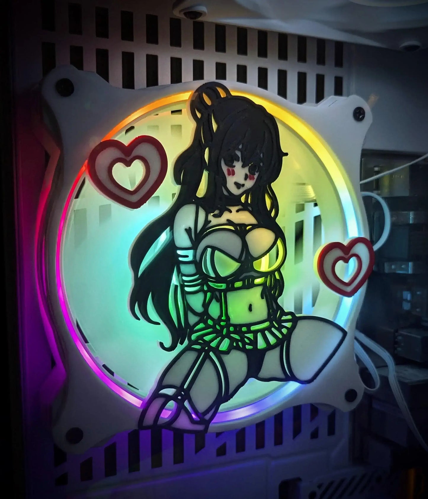 kawaii anime girls PC fan cover grill shroud. Custom gaming PC RGB 120mm 140mm 360mm 280mm. sakura cherry blossom heart star pink white black red