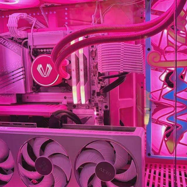 kawaii ribbon custom anime girls PC fan cover grill shroud. Custom gaming PC RGB 120mm 140mm 360mm 280mm. sakura cherry blossom heart star pink white black red. May include: A yellow and pink dagger with a blue wavy handle inside a blue frame on a pink background. The text '© kitsune kingdom' is at the bottom of the image.