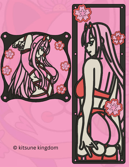 zero two custom anime girls PC fan cover grill shroud. Custom gaming PC RGB 120mm 140mm 360mm 280mm. sakura cherry blossom heart star pink white black red May include: Two black framed images of a pink anime character with long pink hair. The character is wearing a red and white outfit with a black choker. The character is posed in different positions in each image. The background is a pink color with a floral pattern. The text &#39;© kitsune kingdom&#39; is in the bottom left corner of the imag