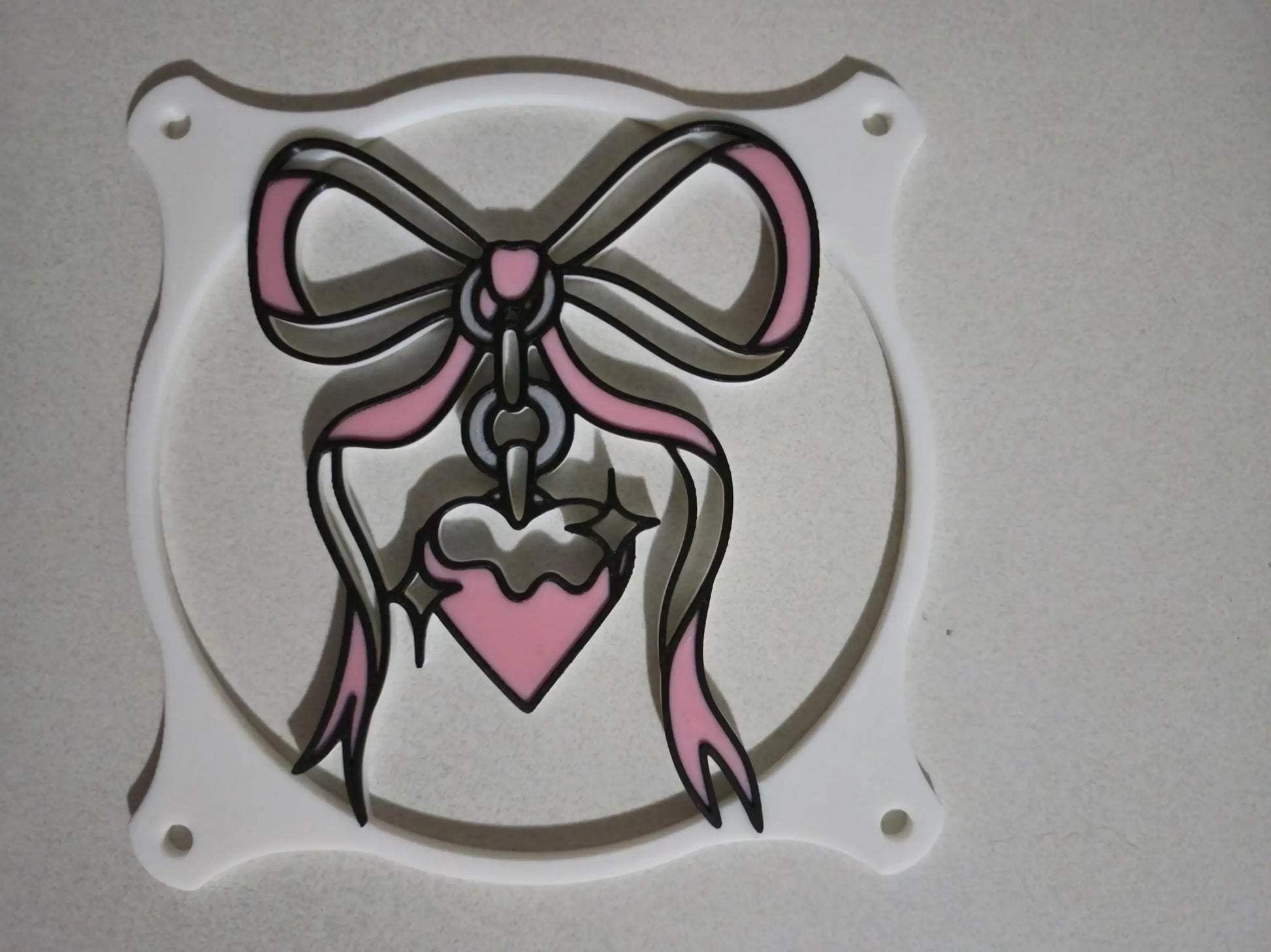 kawaii ribbon custom anime girls PC fan cover grill shroud. Custom gaming PC RGB 120mm 140mm 360mm 280mm. sakura cherry blossom heart star pink white black red May include: Two black framed images of a pink anime character with long pink hair. The character is wearing a red and white outfit with a black choker. The character is posed in different positions in each image. The background is a pink color with a floral pattern. The text &#39;© kitsune kingdom&#39; is in the bottom left corner of the