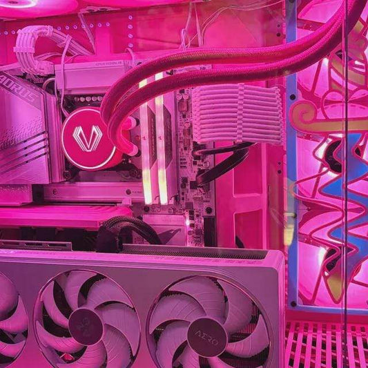 kawaii ribbon custom anime girls PC fan cover grill shroud. Custom gaming PC RGB 120mm 140mm 360mm 280mm. sakura cherry blossom heart star pink white black red. May include: A yellow and pink dagger with a blue wavy handle inside a blue frame on a pink background. The text &#39;© kitsune kingdom&#39; is at the bottom of the image.
